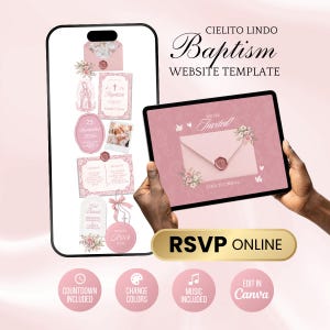 May include: A digital baptism website template featuring a pink color scheme with floral accents, wax seals, and religious imagery. The display shows invitation details, RSVP buttons, and text including Cielito Lindo Baptism Website Template.
