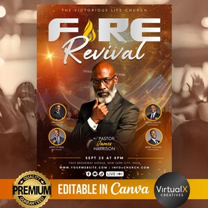 Peut inclure: Flyer promotionnel pour un &eacute;v&eacute;nement religieux, avec un homme en costume et lunettes au centre. Le flyer pr&eacute;sente un fond enflamm&eacute; et les mots "FIRE Revival" en gros caract&egrave;res. Des d&eacute;tails sur l'&eacute;v&eacute;nement et la mention "EDITABLE IN Canva" sont inclus.