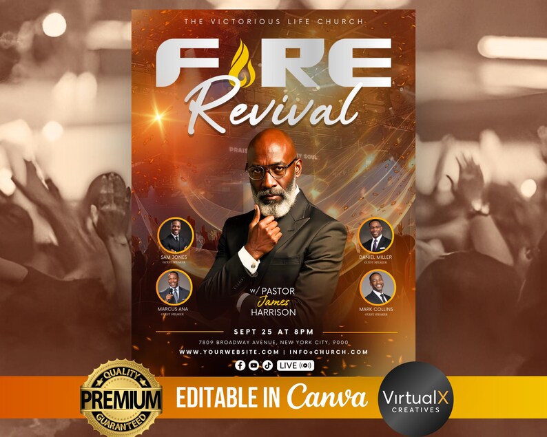 Peut inclure: Flyer promotionnel pour un &eacute;v&eacute;nement religieux, avec un homme en costume et lunettes au centre. Le flyer pr&eacute;sente un fond enflamm&eacute; et les mots "FIRE Revival" en gros caract&egrave;res. Des d&eacute;tails sur l'&eacute;v&eacute;nement et la mention "EDITABLE IN Canva" sont inclus.