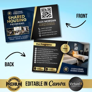 May include: Business cards for Cozycorner Shared Homes, featuring a navy blue and gold design. The front displays contact information and a QR code. The back lists housing program options and a photo of a furnished room.