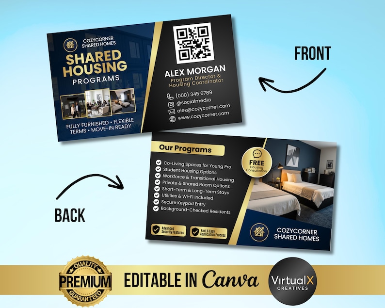 Puede incluir: Tarjetas de visita para Cozycorner Shared Homes, con un dise&ntilde;o azul marino y dorado. La parte delantera muestra informaci&oacute;n de contacto y un c&oacute;digo QR. La parte trasera enumera opciones de programas de vivienda y una foto de una habitaci&oacute;n amueblada.