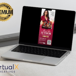 Puede incluir: Un ordenador port&aacute;til muestra una pancarta promocional para un evento de autor. La pancarta vertical presenta una foto del autor y el texto "Meet the Author". Un sello dorado y negro "Quality Premium Guaranteed" est&aacute; en la esquina superior izquierda.