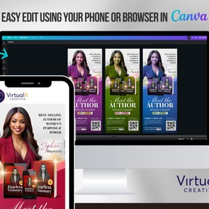 Puede incluir: Un dise&ntilde;o de marketing digital que se muestra en un tel&eacute;fono inteligente y una pantalla de computadora. El tel&eacute;fono inteligente muestra la portada de un libro y la imagen de un autor. La pantalla de la computadora muestra tres pancartas promocionales con el texto "Meet the Author". El dise&ntilde;o incluye el texto "Easy Edit Using Your Phone or Browser in Canva".