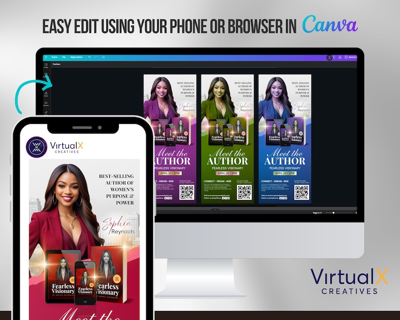 Puede incluir: Un dise&ntilde;o de marketing digital que se muestra en un tel&eacute;fono inteligente y una pantalla de computadora. El tel&eacute;fono inteligente muestra la portada de un libro y la imagen de un autor. La pantalla de la computadora muestra tres pancartas promocionales con el texto "Meet the Author". El dise&ntilde;o incluye el texto "Easy Edit Using Your Phone or Browser in Canva".