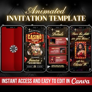 Convite para festa de cassino, convite de aniversário de cassino, vídeo digital para festa de jogos de azar, animação para noite de pôquer em Las Vegas, cartas de baralho Ás DIY Canva