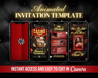 May include: Animated casino night party invitation template for Canva. The template features a red background with gold accents and a slot machine graphic. The text "Casino Night" is displayed in a gold banner. The invitation includes details such as the location, time, date, and attire.