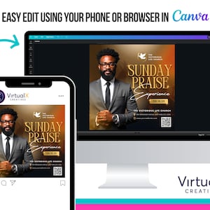 May include: A digital design displayed on a computer monitor and a smartphone. The design features a man in a suit, the text "SUNDAY PRAISE Experience", and the logo of "The Victorious Life Church". The design is for easy editing in Canva.