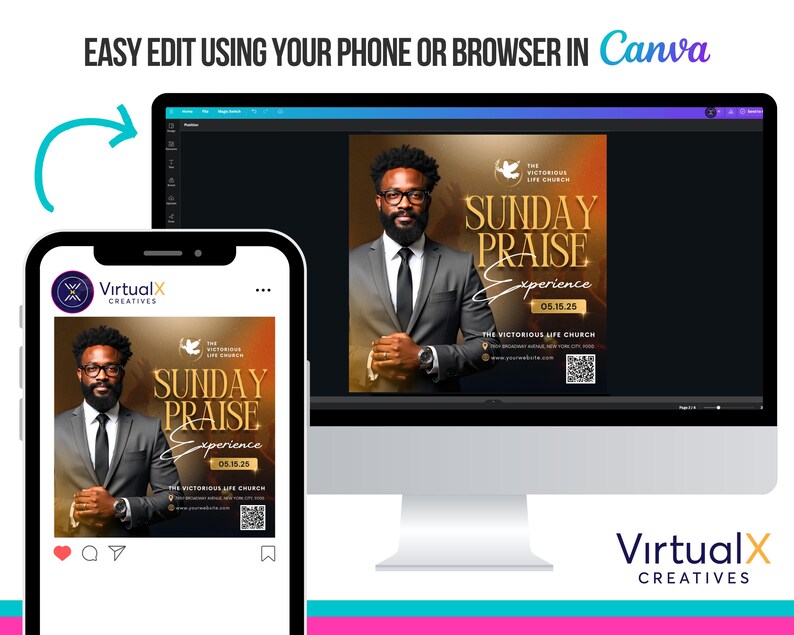 May include: A digital design displayed on a computer monitor and a smartphone. The design features a man in a suit, the text "SUNDAY PRAISE Experience", and the logo of "The Victorious Life Church". The design is for easy editing in Canva.