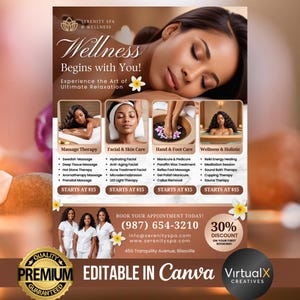 K&ouml;nnte beinhalten: Ein Flyer f&uuml;r Serenity Spa & Wellness, der eine Frau zeigt, die sich auf einer Massageliege entspannt. Der Flyer wirbt f&uuml;r Massagetherapie, Gesichts- und Hautpflege, Hand- und Fu&szlig;pflege sowie Wellness- und ganzheitliche Dienstleistungen. Der Flyer enth&auml;lt au&szlig;erdem eine Telefonnummer, eine Website-Adresse und ein Angebot f&uuml;r einen Rabatt von 30%.