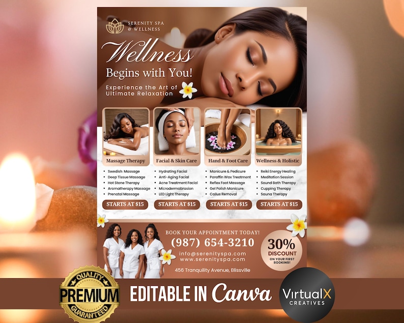 K&ouml;nnte beinhalten: Ein Flyer f&uuml;r Serenity Spa & Wellness, der eine Frau zeigt, die sich auf einer Massageliege entspannt. Der Flyer wirbt f&uuml;r Massagetherapie, Gesichts- und Hautpflege, Hand- und Fu&szlig;pflege sowie Wellness- und ganzheitliche Dienstleistungen. Der Flyer enth&auml;lt au&szlig;erdem eine Telefonnummer, eine Website-Adresse und ein Angebot f&uuml;r einen Rabatt von 30%.