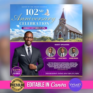 Church Anniversary Flyer, Church Program Flyer, Pastor Appreciation Template, Pastor Anniversary, Purple Gold, Banquet Program, DIY Canva