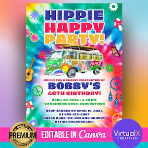 Jaren 60 70 Groovy Hippie Peace & Love verjaardagsuitnodiging, 40e 50e verjaardag, reggaehousefeest flyer, DIY premade retro sjabloon afdrukbare