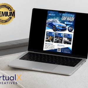 May include: A laptop displays a car wash advertisement. The ad features a blue car and the text "Professional Car Wash" with a 30% off offer. Additional text includes service prices and a "Quality Premium Guaranteed" seal.