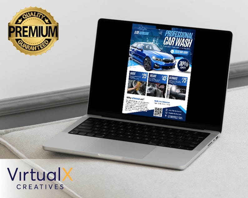 May include: A laptop displays a car wash advertisement. The ad features a blue car and the text "Professional Car Wash" with a 30% off offer. Additional text includes service prices and a "Quality Premium Guaranteed" seal.
