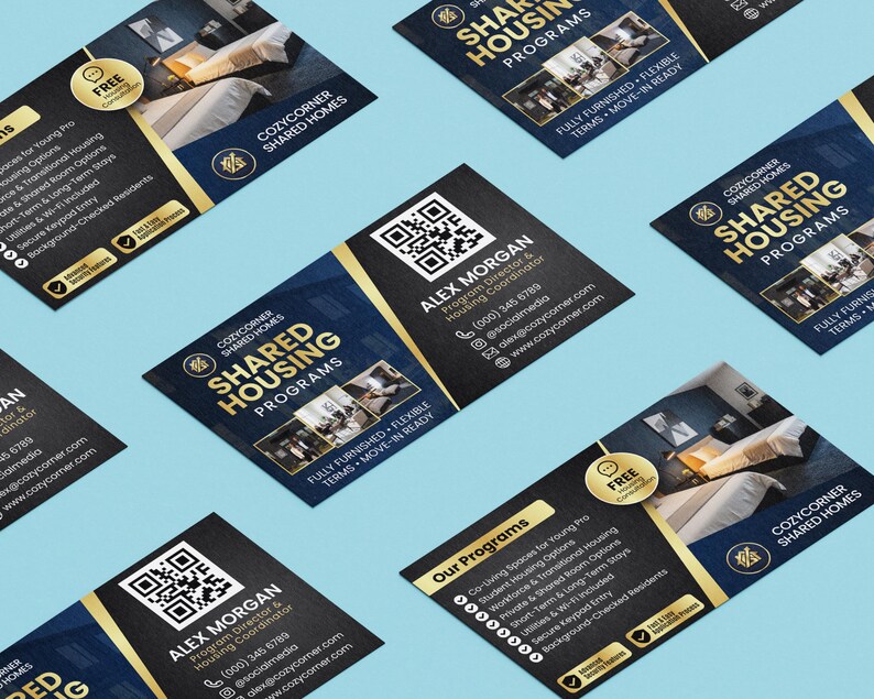 Puede incluir: Tarjetas de visita con un dise&ntilde;o azul y dorado, que promocionan "Shared Housing Programs". Las tarjetas presentan im&aacute;genes de habitaciones amuebladas, c&oacute;digos QR e informaci&oacute;n de contacto de Alex Morgan. Las tarjetas est&aacute;n dispuestas sobre una superficie azul claro.