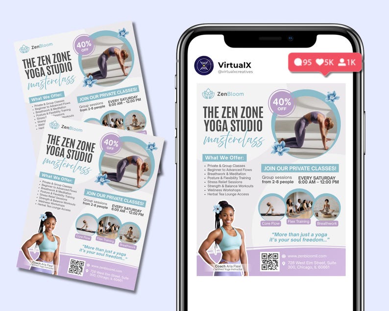 Flyer för yogaklass, flygblad för yogastudio, flygblad för yogainstruktör, flygblad för meditation, mall för yogafitness-mästarklass, andligt välbefinnande, Canva bild 3