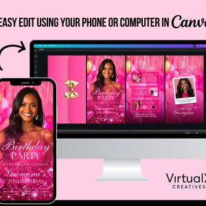 May include: A digital invitation design for a birthday party, displayed on a smartphone and a computer screen. The design features a pink theme with a photo of a woman, gold accents, and the text "Birthday Party" and "Georgina's 25th Birthday". The Canva logo is visible.
