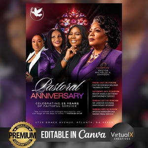 May include: A digital flyer for a Pastoral Anniversary celebrating 15 years of service. It features four individuals, a dove logo, and text detailing event schedules for October 10-12, including Pastor Michelle A. Johnson, in a purple and black theme.