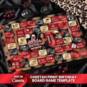 May include: A rectangular party board game titled Sofia's Birthday with a cheetah print border. The game board features red and gold squares with various text instructions, icons of wine glasses, dice, and lipstick, and a central image of a person.