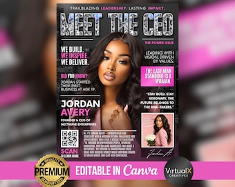 Plantilla de volante de la revista "Conoce al CEO", editable, sobre el CEO, propietario de un negocio, introducción a la marca de mujeres en los negocios, estilo revista Canva