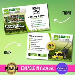 Cartes de visite pour l'entretien de la pelouse, Carte de paysagiste, Carte de visite pour le service de jardin, Carte de visite pour la tonte de la pelouse, Modèle de carte marketing DIY, Canva