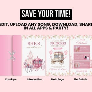 May include: A pink baby shower invitation suite with a fairytale theme. The suite includes an envelope, introduction card with a castle and carriage, main page with a carriage, and details card. Text includes "SAVE YOUR TIME!" and "SHE'S almost here!"