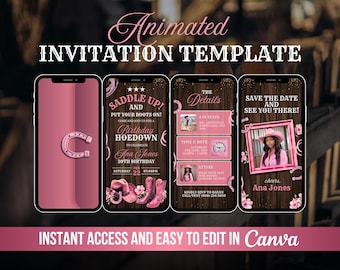 Western Hoedown Birthday Party Invite, Saddle Up and Put Your Boots On Animated Invitation, Cowgirl Evite, Country Floral Rodeo Canva Bach