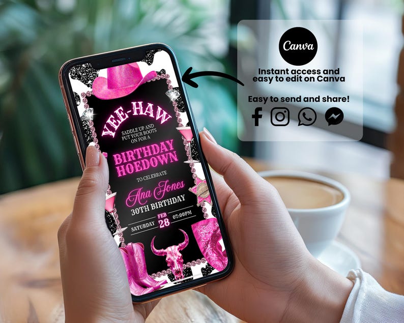May include: A pink and black digital invitation for a birthday party with a cowhide pattern, pink cowboy boots, and the text "Yee-Haw Birthday Hoedown".
