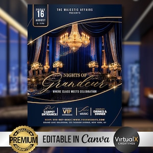 Op de afbeelding: Een marineblauwe evenementenflyer met gouden accenten, met een kroonluchter en bloemstukken. Tekst bevat "Nights of Grandeur" en evenementdetails. De flyer heeft ook de tekst "Premium Editable in Canva".