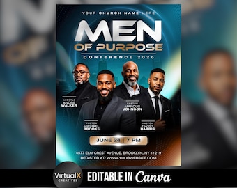May include: A promotional poster for the "Men of Purpose" conference in 2026. The design features four men in suits, the conference title, date, time, and location. The poster is editable in Canva.