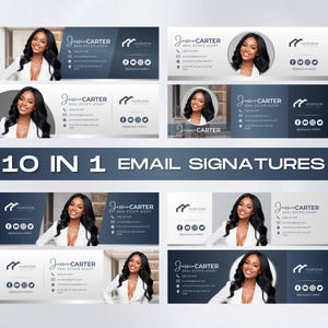 May include: A collection of 10 email signature templates featuring a professional woman in a white blazer. Each design includes contact information, social media icons, and the text "Jessica Carter, Real Estate Agent." The text "10 in 1 Email Signatures" is also displayed.