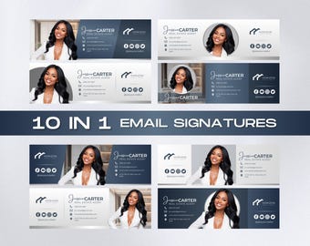 10 Email Signature Bundle, Blue Real Estate Marketing, Elegant Realtor Design Gmail, Outlook, Modern Business Footer Canva Template