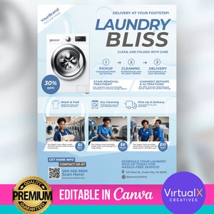 Folheto de serviço de lavanderia, folheto de lavagem e dobra, folheto de lavagem a seco, folheto de limpeza, folheto de negócios de lavanderia pré-fabricado, modelo Canva faça você mesmo para impressão