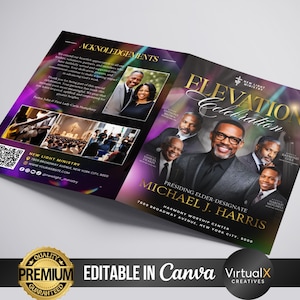 以下が含まれることがあります： 紫と金のデザインのパンフレットで、「Elevation Celebration」の文字と人々の画像が特徴です。パンフレットには「New Light Ministry」と「Michael J. Harris」の文字が含まれています。パンフレットには「Editable in Canva」の文字も含まれています。