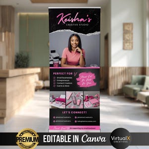 Puede incluir: Un banner enrollable para Keisha's Creative Studio, con una mujer con una camisa rosa. El banner tiene un fondo negro con detalles en rosa y plata. El texto incluye "Perfect For" y "Let's Connect!" con las redes sociales. El banner es "Editable in Canva."