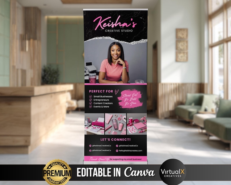 Puede incluir: Un banner enrollable para Keisha's Creative Studio, con una mujer con una camisa rosa. El banner tiene un fondo negro con detalles en rosa y plata. El texto incluye "Perfect For" y "Let's Connect!" con las redes sociales. El banner es "Editable in Canva."