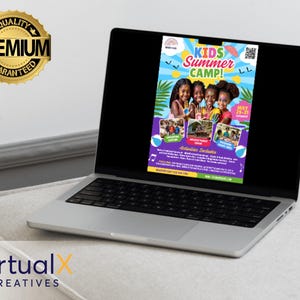 May include: A colorful flyer advertising a Kids Summer Camp. The flyer features a group of children smiling and holding paintbrushes. The text on the flyer reads "Kids Summer Camp!" and includes dates and activities.
