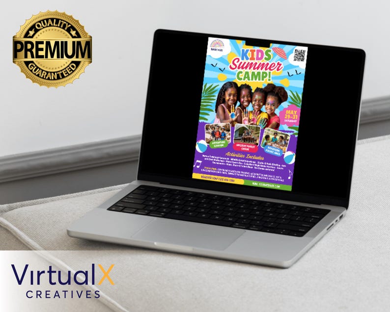 May include: A colorful flyer advertising a Kids Summer Camp. The flyer features a group of children smiling and holding paintbrushes. The text on the flyer reads "Kids Summer Camp!" and includes dates and activities.