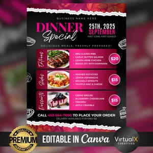 Dinner Specials Flyer Template | Sunday Special Restaurant Food Menu | Editable Meal Deals | Cafe Promotion | Catering | Food Truck Canva