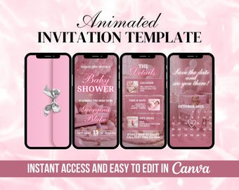 May include: Pink animated baby shower invitation template on four smartphones. The design includes a silver bow, baby-themed graphics, and the text "Baby Shower." The template is easy to edit in Canva.