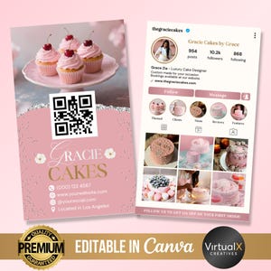 May include: A pink business card design for Gracie Cakes, featuring a QR code, contact information, and a display of cupcakes with cherries. The card also showcases an Instagram profile with cake images and the text "EDITABLE IN Canva."