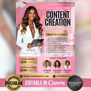May include: A pink and white promotional graphic for a 2-day content creation masterclass. The graphic features a woman in a white blazer holding a tablet, with text that reads "Content Creation Masterclass" and "Hosted by Emma Wilson."