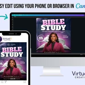 Peut inclure: Une conception graphique num&eacute;rique pour un &eacute;v&eacute;nement d'&eacute;tude biblique, affich&eacute;e sur un &eacute;cran d'ordinateur et un smartphone. Le design pr&eacute;sente le texte "BIBLE STUDY" en rose et blanc, avec les d&eacute;tails de l'&eacute;v&eacute;nement et une photo d'une femme en blazer rose.