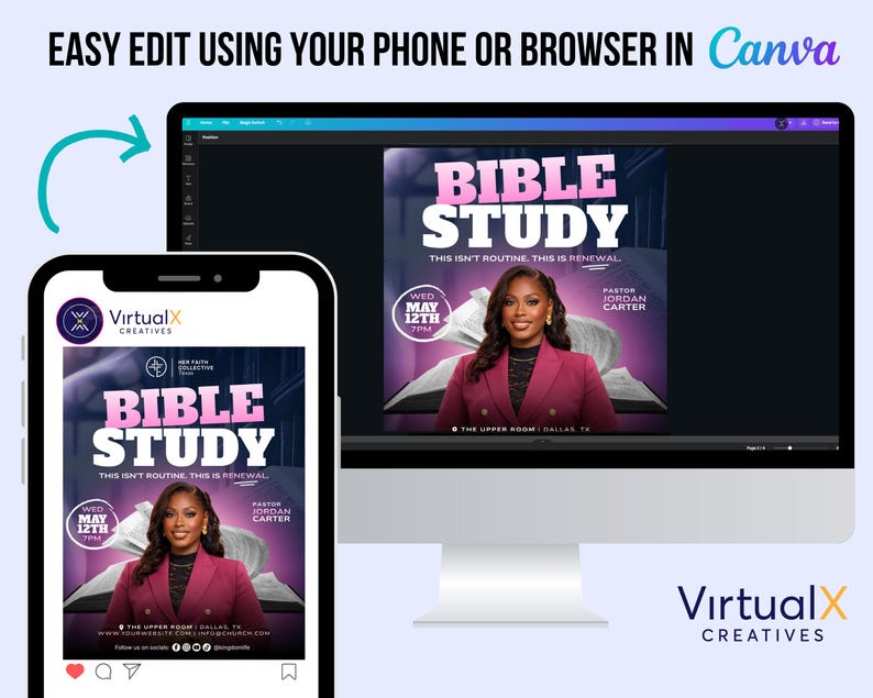 Peut inclure: Une conception graphique num&eacute;rique pour un &eacute;v&eacute;nement d'&eacute;tude biblique, affich&eacute;e sur un &eacute;cran d'ordinateur et un smartphone. Le design pr&eacute;sente le texte "BIBLE STUDY" en rose et blanc, avec les d&eacute;tails de l'&eacute;v&eacute;nement et une photo d'une femme en blazer rose.