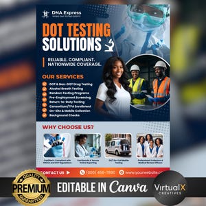 Può includere: Un volantino promozionale per DNA Express, un servizio mobile di test antidroga. Il volantino presenta il testo "DOT Testing Solutions" ed elenca servizi come test antidroga DOT, test dell'alito per l'alcol e screening pre-assunzione. Il volantino include immagini di professionisti medici e un furgone per test mobili.