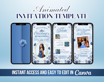 Video de invitación de cumpleaños de Quinceañera, invitación electrónica de Quinceañera animada azul, invitación digital editable Sweet 16, plantilla DIY Canva