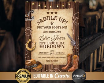 Western Hoedown Birthday Party Invite, Saddle Up, Country Western, Invitation, Cowboy Cowgirl Evite, Rodeo, Wild West Canva Template DIY