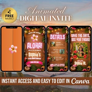 May include: Animated digital invite displayed on smartphones. The design features a tropical theme with the text "Aloha!" and "Sophia's 7th Birthday." The invite includes the text "Instant access and easy to edit in Canva."