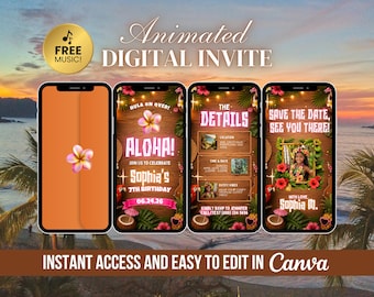 Aloha Luau Kids Birthday Invite, Tropical Party Animated Invitation, Editable Tiki Party, Hawaiian Bday Video Canva E-vite, Island Theme
