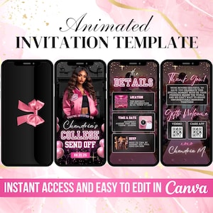 Pink College Send Off Invite, Graduation Farewell Party Invitation, Girl&#39;s University Celebration, Animated Grad Video, DIY Canva E-vite